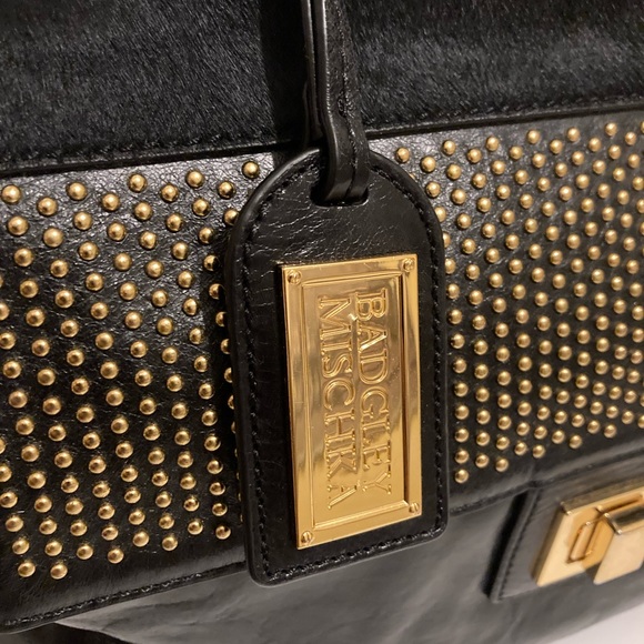 Black Leather Badgley Mischka Handbag Gold Detail - Picture 5 of 9